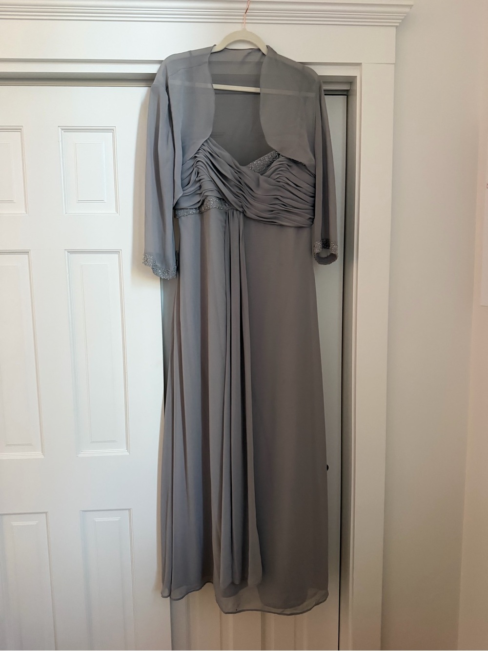 Gray Chiffon Maxi Dress with Beaded Detail and Matching Bolero